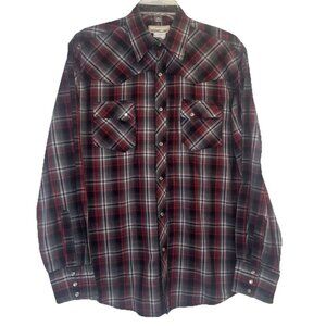 Wrangler Wrancher Men’s Pearl Snap Red Gray Plaid Long Sleeve Shirt Rodeo Sz L